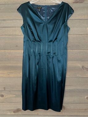 Escada Deep Teal Satin V-Neck Sheath Dress